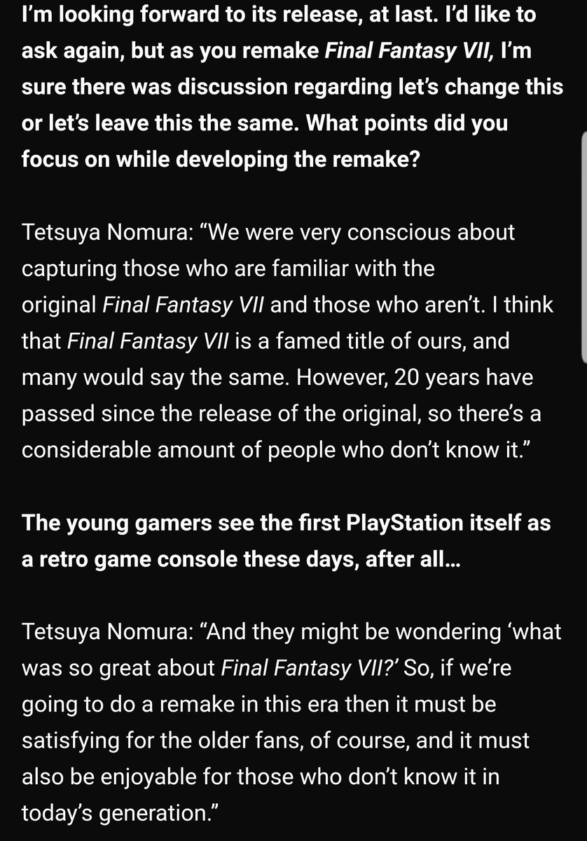 I'm just gonna drop a shitload of Nomura & Kitase quotes about  #FF7R   because maybe some people missed them.(More in comments)