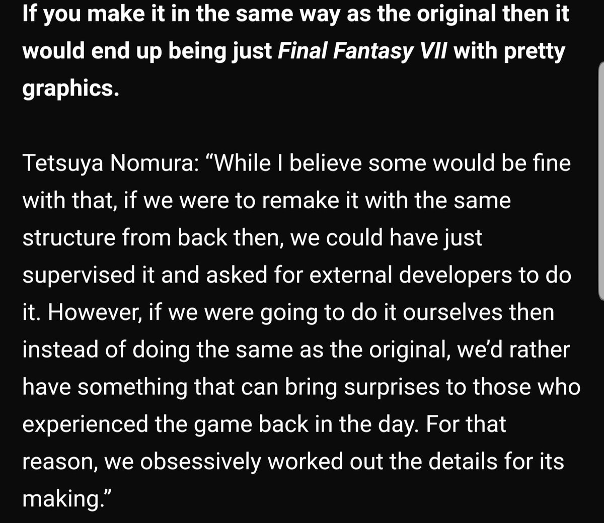 I'm just gonna drop a shitload of Nomura & Kitase quotes about  #FF7R   because maybe some people missed them.(More in comments)