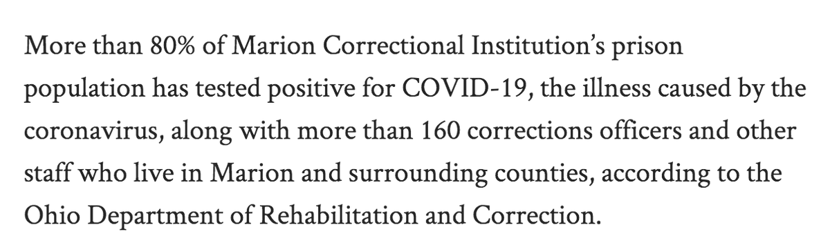 3. Now EXACTLY what I said would happen has begun to happen. In Ohio's Marion prison, more than 80% of prisoners are infected. And the virus has spread to 160 corrections officers – who go home each day to the their families/surrounding communities.  https://www.dispatch.com/news/20200425/covid-19-outbreak-at-marion-prison-seeping-into-larger-community