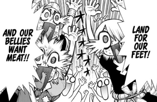 Dr. Stone trivia ch148:The Japanese joke here is "riku" (land) vs. "niku" (meat).So I went for a rhyme.
