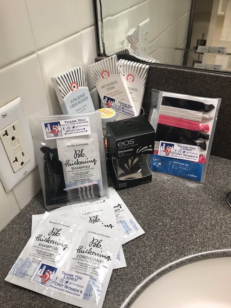 FDNYWomen's tweet photo. #FDNYWomen Thank you for all your hard work! Hopefully these will make you smile, coming soon to your locker rooms. Thank you @good360 for helping provide #selfcare treats to our #frontline women! #WorkHair #haircare #bumbleandbumble #CVS #hairtiesandbobbypins #WorkHardWashRepeat https://t.co/izel8dRrqg