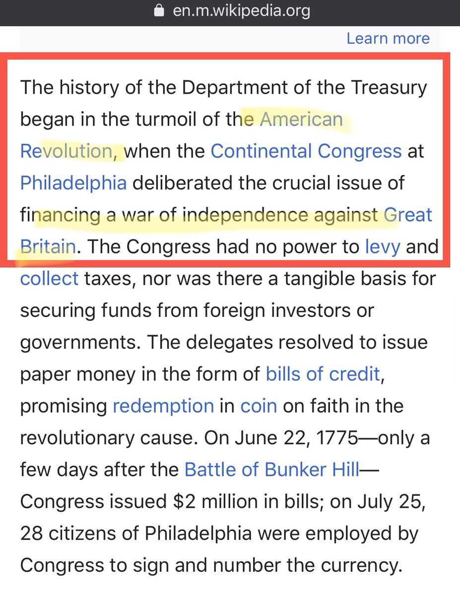 Did you know—The history of the Department of the Treasury began in the turmoil of the American Revolution, when the Continental Congress at Philadelphia deliberated the crucial issue of financing a war of independence against Great Britain? https://en.m.wikipedia.org/wiki/United_States_Department_of_the_Treasury