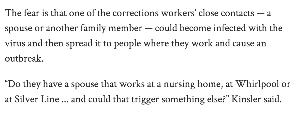6. Marion county's public health commissioner is now describing EXACTLY the chain of events that I laid out: the infection would be passed from prisoner to staff to their family to others in the community (including others that work with the old and vulnerable).