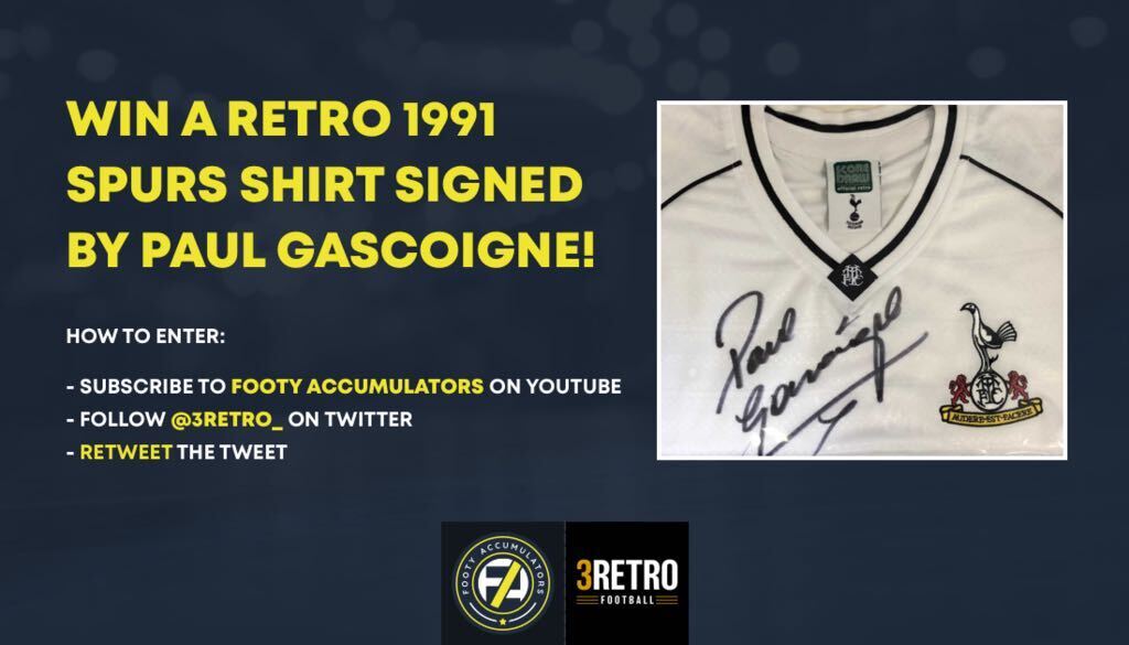 FootyAccums's tweet photo. 🚨GIVEAWAY🚨

👕 WIN a 1991 replica Spurs shirt SIGNED by Paul Gascoigne!

👇TO ENTER 👇

- Subscribe to our @FootyAccums YouTube channel
- Follow @3retro_

Good luck!🤞

#FootyAccumsQuiz https://t.co/d46MtHfIT0