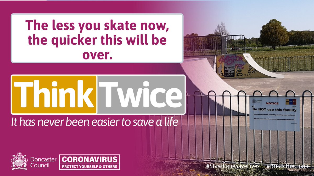 Hi, dudes! Do you know what would be gnarly? If you could refrain from using skate-parks until further notice. We know it'll be a grind (as in the skating move), but the MAN is saying we have to do this. You'll be back having a kick-flipping good time soon if you  #StayHome  