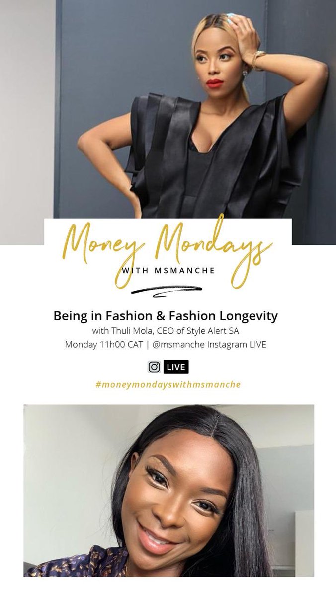 MsManche's tweet photo. You ready for #MoneyMondaysWithMsManche live on my Instagram at 11am tomorrow with one of my favorite fashion girls @StyleAlert_SA talking all things the business of fashion👏🏽❤️ Plz tune in. Send your questions now via my questions tab on my stories. https://t.co/nLsp7Z0wnu