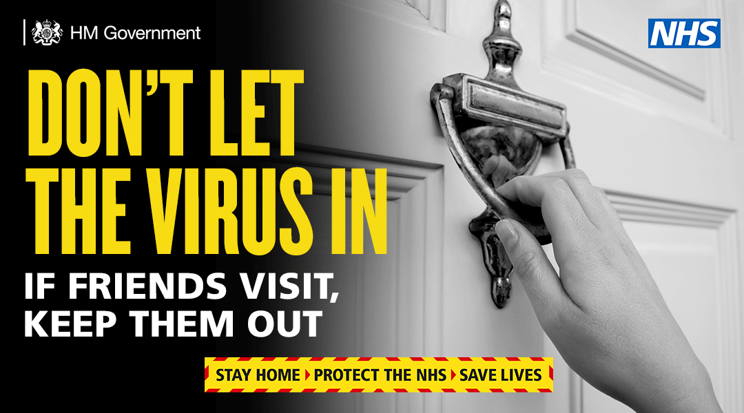 GOVUK's tweet image. Don't let visitors in. It is essential that you only stay home with members of your household to stop the spread of #coronavirus. 

#StayHomeSaveLives