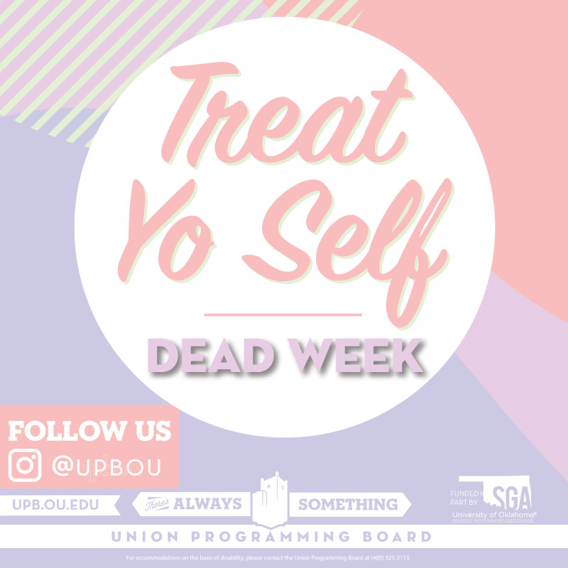 WhatToDoAtOU's tweet photo. Dead Week starts tomorrow and @upbou will be hosting free, virtual events all week for students to prepare for finals! Visit their instagram page for more details about their upcoming Barre class, Netflix Trivia, Bingo, baking and DIY tutorials! 📚 https://t.co/SVnu6tzVUy