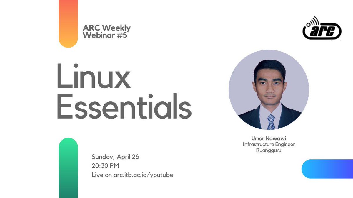 Selamat weekend, guys. Tahukah kamu bahwa Linux dipakai 98%+ infrastruktur internet di dunia?Ikuti webinarnya malam ini dengan topic Introduction to Linux oleh Umar Nawawi (Infra Engineer at Ruangguru) Malam ini 20:30 WIB di arc.itb.ac.id/webinar (Hangout)