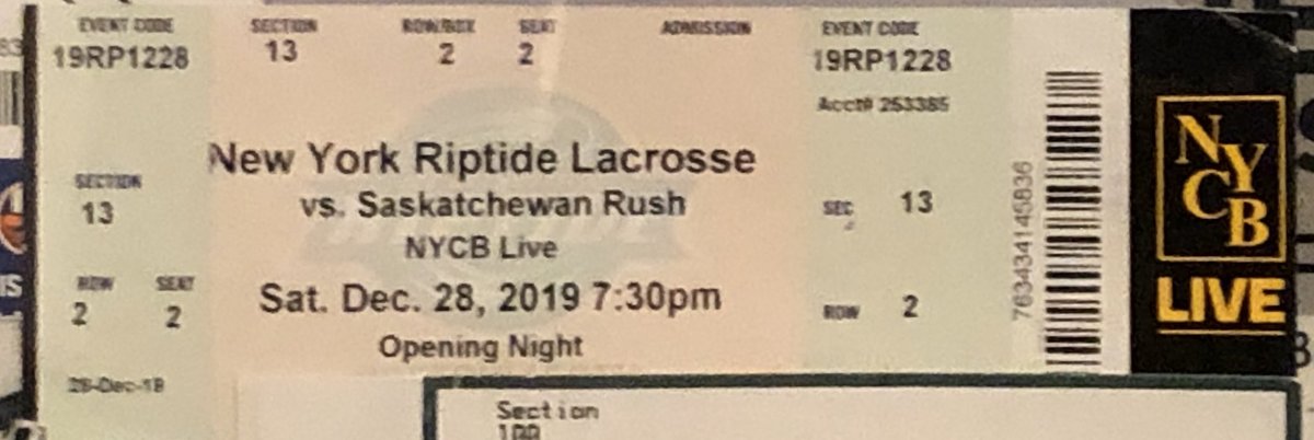 SchwartzSports's tweet photo. This ticket stub is from the first home game in @newyorkriptide @NLL history vs @SaskRushLAX on 12-28-19 at Nassau Coliseum @NYCBLive. #GetPulledIn. https://t.co/VSFP9yP1jQ