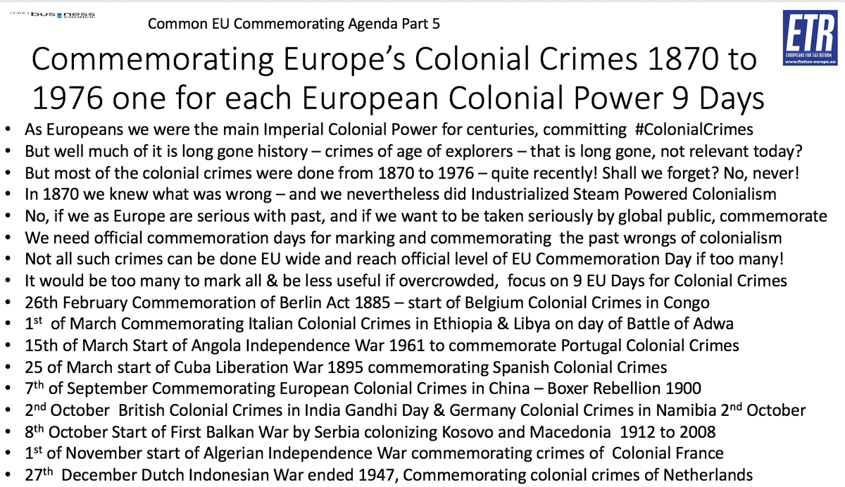 GunterFehlinger's tweet photo. #ETR calls for a #EuropeanNarrative to commemorate our past #ColonialCrimes and have 9 EU wide Days for the 10 key colonial powers of Europe. @ItalyMFA @EU_Commission @GermanyDiplo @francediplo_EN @BelgiumNATO @SpainMFA @SerbianPM @DutchMFA @antoniocostapm @EmmanuelMacron https://t.co/BBYc1wFSRp