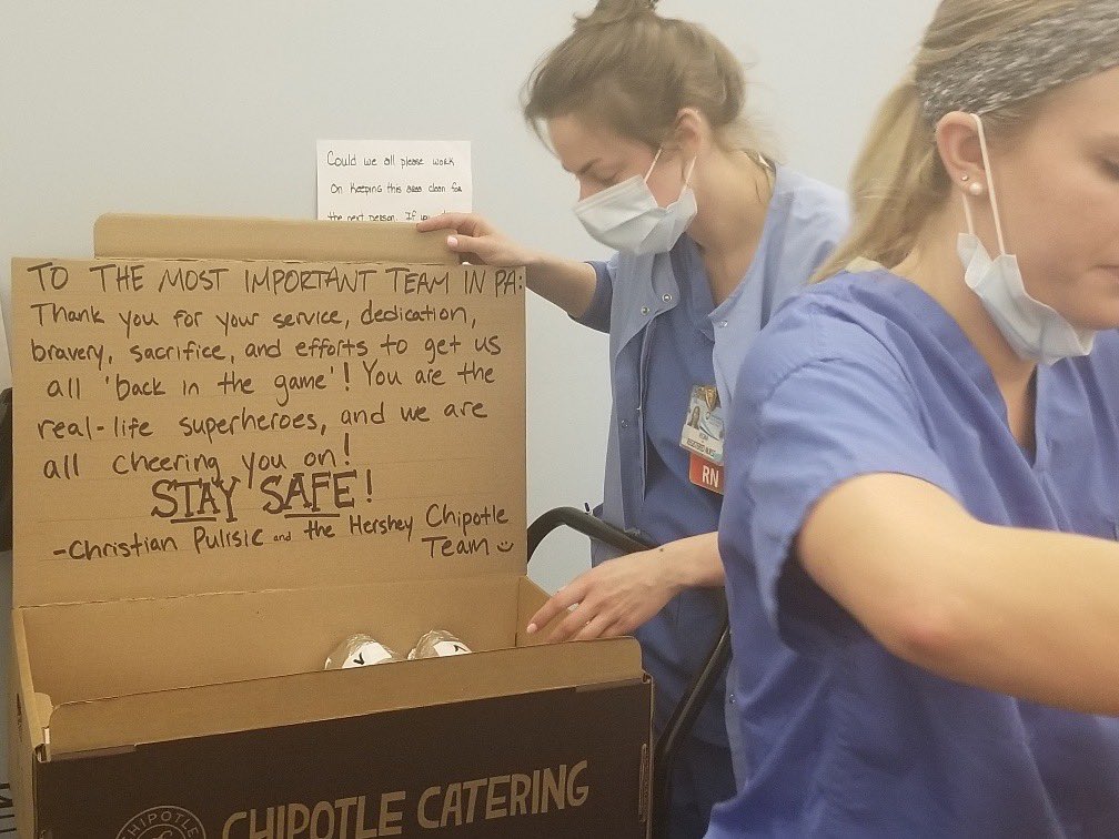 To show my gratitude to the Superheroes in my hometown, Hershey, PA - myself and @Chipotletweets will be sending meals every Saturday (starting yesterday) for the next month to all the brave men & women fighting COVID - 19 at @PennStHershey ...... More below ⬇️