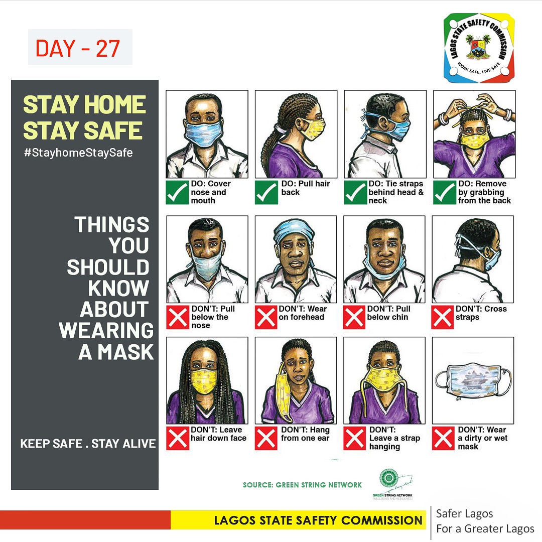 Day 27 - These are some important facts you should know about using your mask. It is important you use the mask properly so as to keep safe and prevent the spread of Covid-19. #StayHomeStaySafe #LagosAgainstCovid19 #Lagosstatesafetycommission #SafetyCulture #SaferLagos