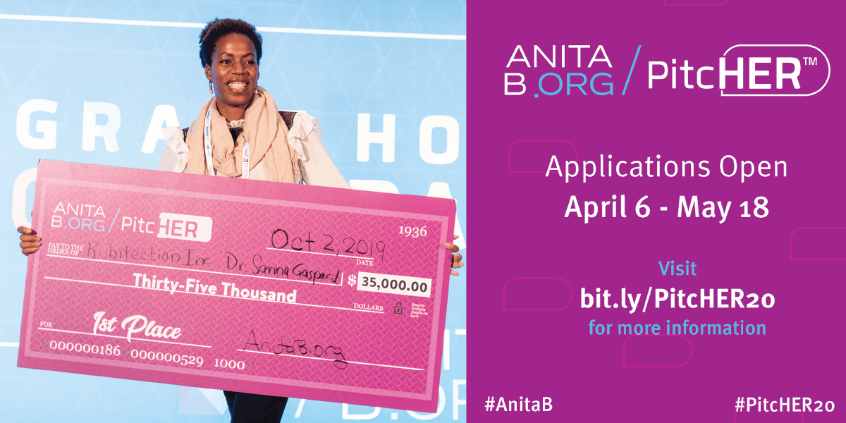 Apply NOW for PitcHER20! Finalists will compete for a total of $100,000 in prize money at #GHC20! Learn more and apply today: bit.ly/PitcHER20 #AnitaB