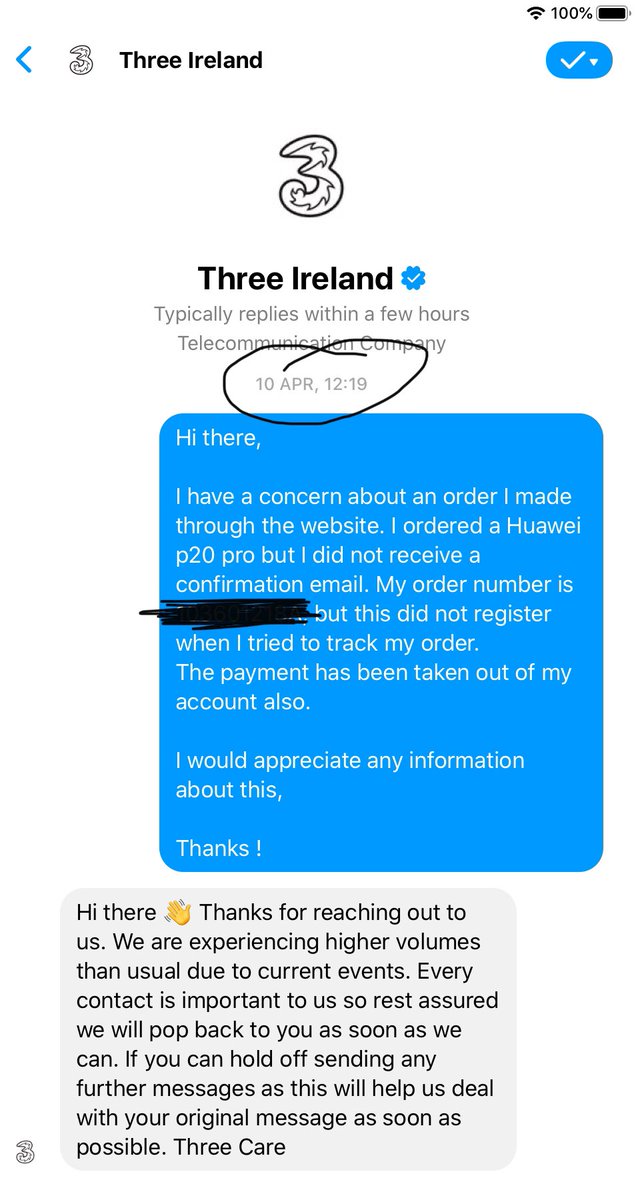 DaisyABrown's tweet photo. @ThreeCare @ThreeIreland 
Ordered and paid for a phone on the 9th of April and got no confirmation email. I first contacted three on the 10th of April about this and no response yet, following multiple further attempts. Extremely disappointed at this service level. https://t.co/dGintTeWQ2