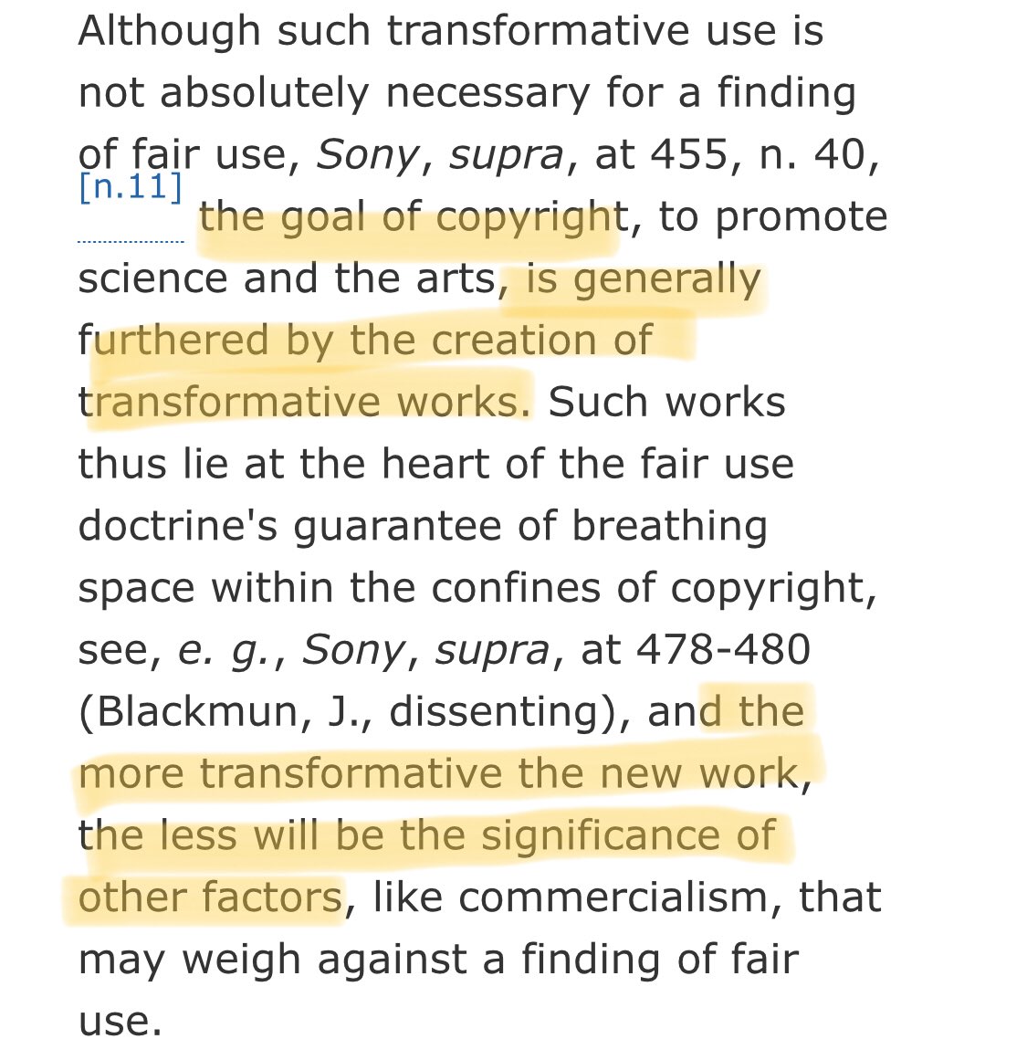 Side note, this is also the case that ESTABLISHED the idea of a work being “transformative.”This is where the “Organization for Transformative Works” (which runs AO3) got its name, which in turn is where the term “transformative fandom” came from.