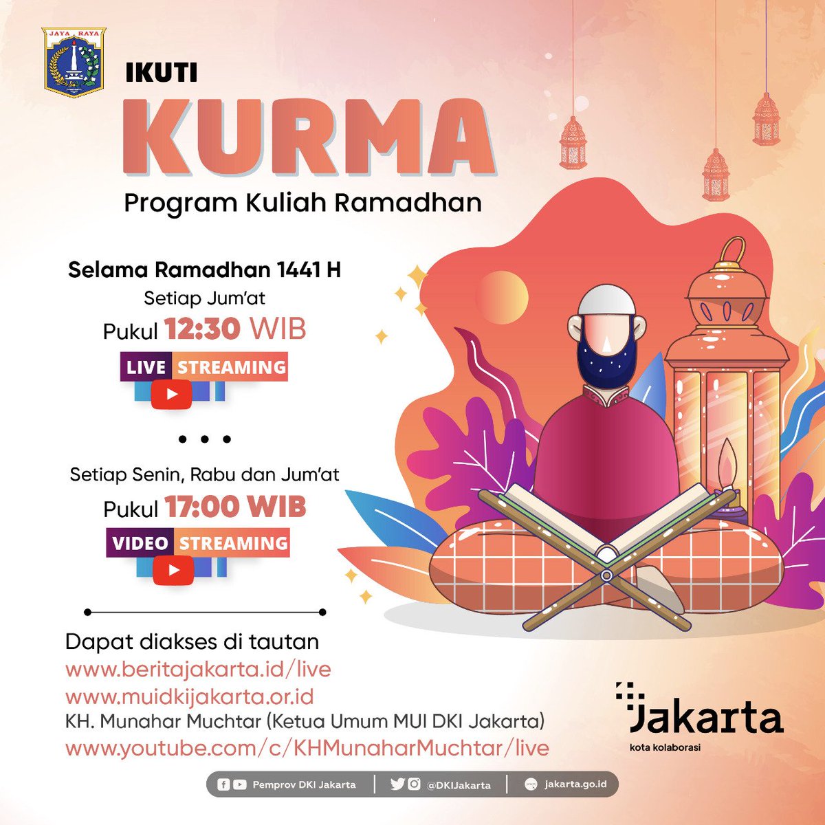 DKIJakarta's tweet photo. Teman-teman, selama Ramadan 1441 H, program Kurma - Kuliah Ramadan insya Allah akan hadir menayangkan kajian-kajian untuk menemani ibadah kita bersama keluarga di rumah.

Setiap Senin &amp; Rabu pukul 17.00, juga Jumat pukul 12.30 dan 17.00.

#ramadan2020 #muidkijakarta #kurma https://t.co/mKBiE6AhFQ