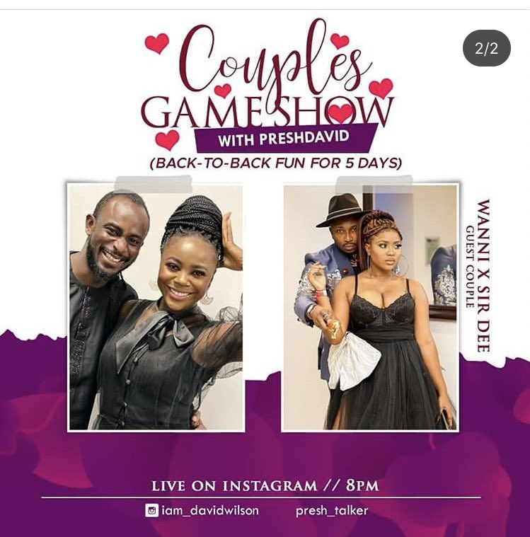 We will be having celebration couples @ebijultony @lamobichukwu  and @sirdee_da @HandiWanniTwins  as our guests on couples game show tonight ... neighbors and family friends are also invited 😍🔥#PreshDavid #UltimateLoveNG