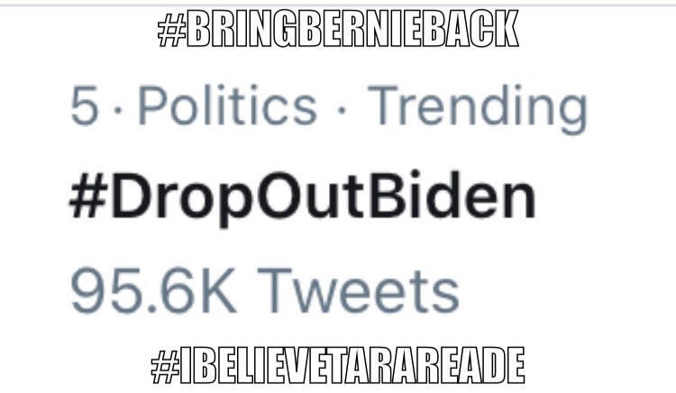 sdgirlknows's tweet image. #DropOutBiden #BringBernieBack 

P.s. Twitter pulled trending down after 110k tweets.