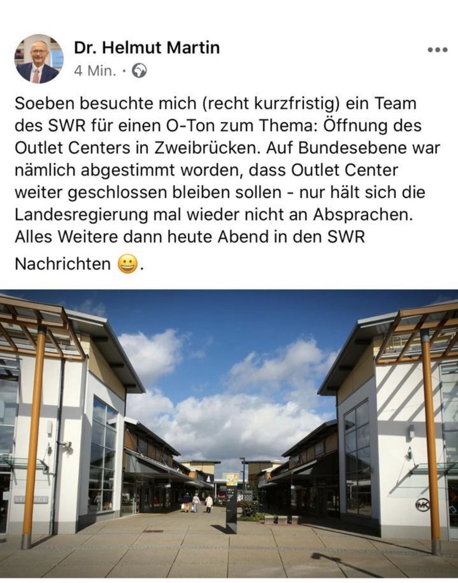 Der Kollege von der <a href="/CDUFraktionRLP/">CDU-Fraktion RLP</a> bemüht sich ganz bestimmt noch um O-Töne beim SWR gegen das Outlet Metzingen (BW), beim HR gegen das Main-Taunus-Zentrum (Hessen), beim WDR gegen das Outlet Bad Münstereifel (NRW). #BaldaufsFakeNewsTruppe