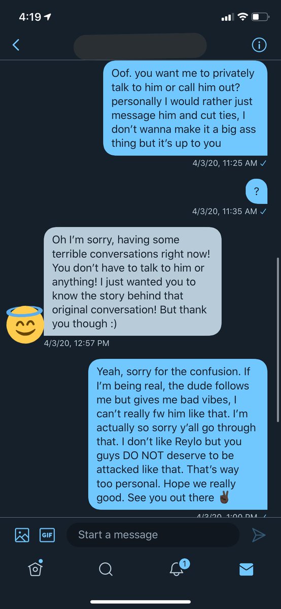 I have several screenshots of conversations with Reylos that show that I try to police my side of the fandom. To be a good guy. I’m not problematic, I don’t get into drama, and I’d like to think that I was there for a lot of you when you needed help, support, or even a friend.