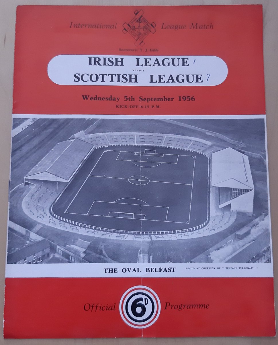 RBFootMem's tweet photo. Programme from Irish League v Scottish League 1956 at Windsor Park. The Scots won 7-1 with goals from Bauld (3), Ring, Leggat, Wardhaugh (2). @PartickThistle's David Mathers made his only appearance for the Scottish League XI 
#scotlandNT #irishleague #ptfc #Fprogs https://t.co/QtOozLcJ3j