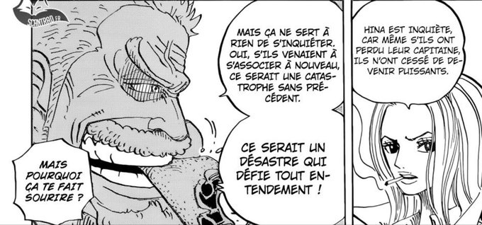 ...retrouvent très diminuées et le déroulement de cette guerre en devient imprévisible car on ne peut pas deviner réellement tout ce qu'il va se passer;-la 2ème, parce que sa présence est indispensable pour le développement de Kaido ainsi que pour un flash back sur les Rocks,..