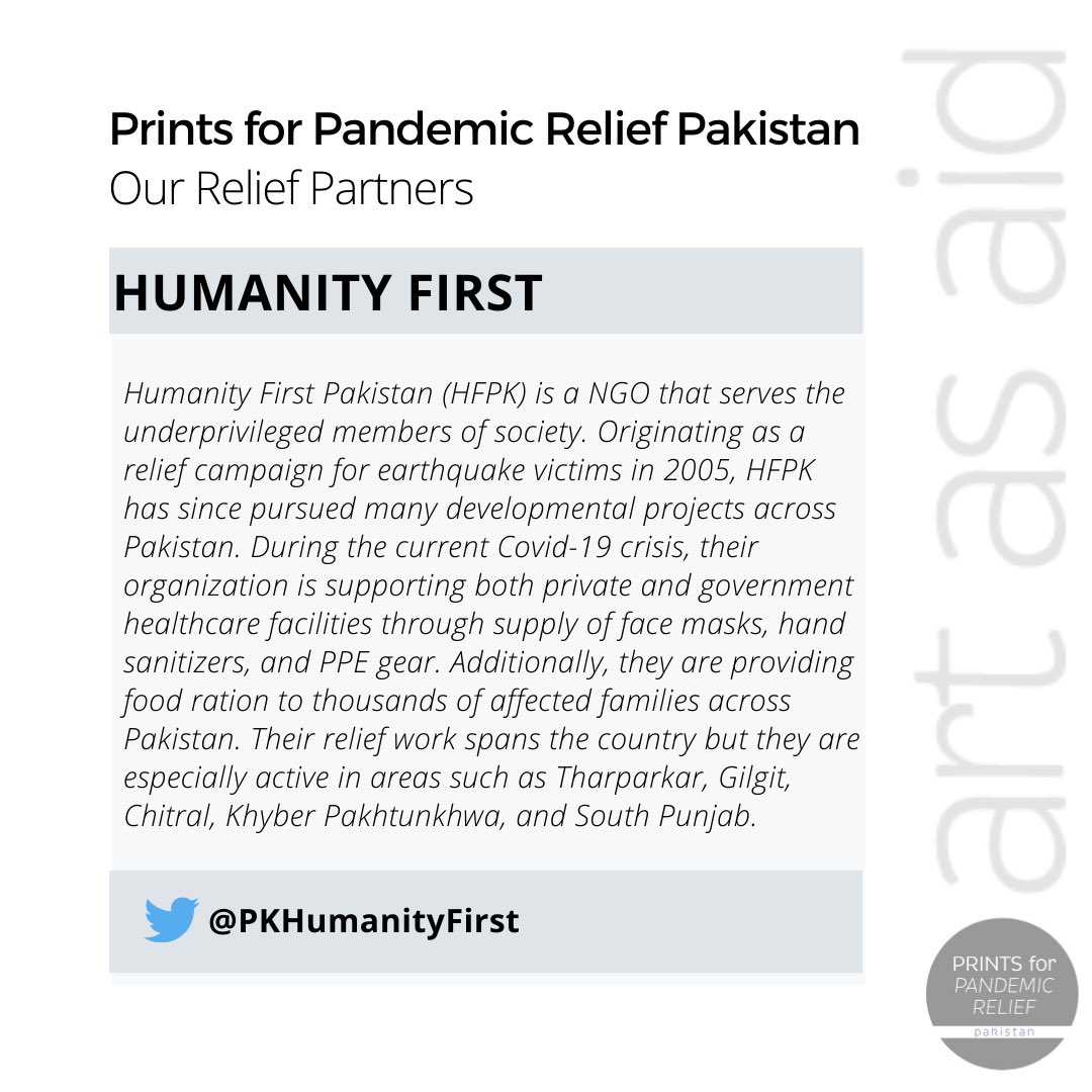 prints4pandemic's tweet photo. MEET HUMANITY FIRST PAKISTAN—OUR RELIEF PARTNERS
 
We are proud to partner with @PKHumanityFirst for our fundraiser to help them in their incredible relief efforts!

▪️ALL PROCEEDS GO TO OUR RELIEF PARTNERS▪️
#FightAgainstCOVID19 #Covid_19 #fundraising #pfprp #artasaid https://t.co/FxCkMYhHSh