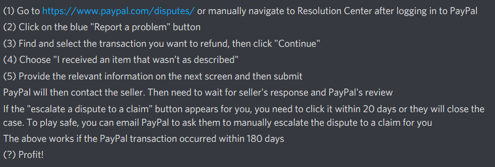 relefraEN's tweet photo. For anyone who paid for any unused Spyce using Paypal in the last 180 days, you can follow the instructions below to get a legal refund from *Paypal*

The last date of refundable purchases is 30 Oct, as of this tweet.

Thanks to @ HistoryM on discord for this information. https://t.co/ezdy58apq5