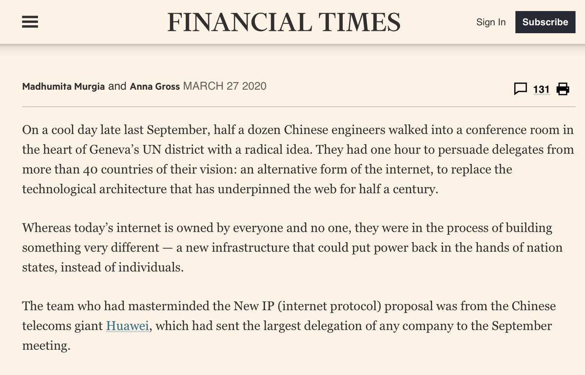 ITU is a UN agency that establishes / ratifies common global technology standards.In September the Chinese delegation (Huawei engineers) pitched ITU on New IP: top-down, centralized internet that puts power back in the hands of nation states instead of individuals. (2/14)