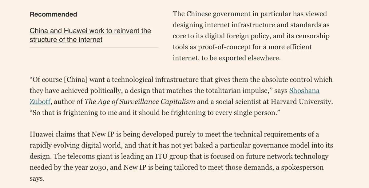The path to this newer, better internet is infrastructure. Huawei says it “has not yet baked a particular governance model into its design” - it’s just anticipating the demands of 2030 based on findings from an ITU study group that it also happens to lead. (4/14)