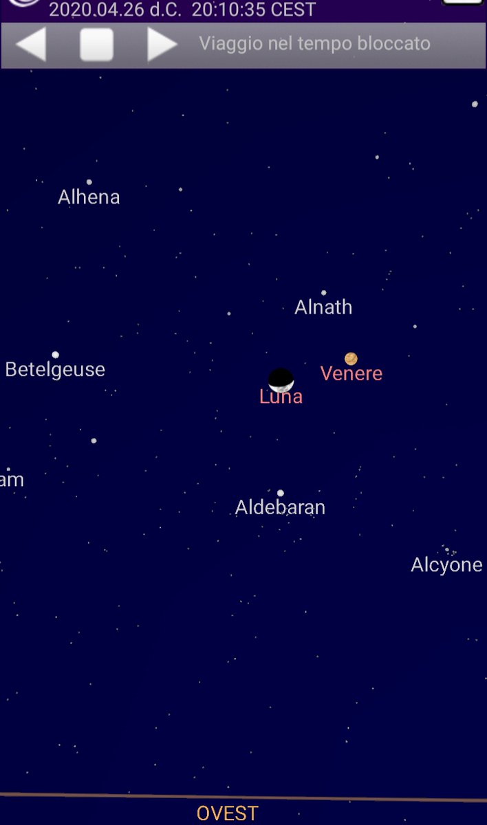 Se ieri sera Luna e Venere si sono salutati da lontano, stasera invece i due astri si mostreranno in un bellissimo abbraccio cosmico brillando affiancati tra le stelle del Toro, poco distanti da Aldebaran. La Luna apparirá a guisa di  barchetta e Venere è alla massima luminositá.