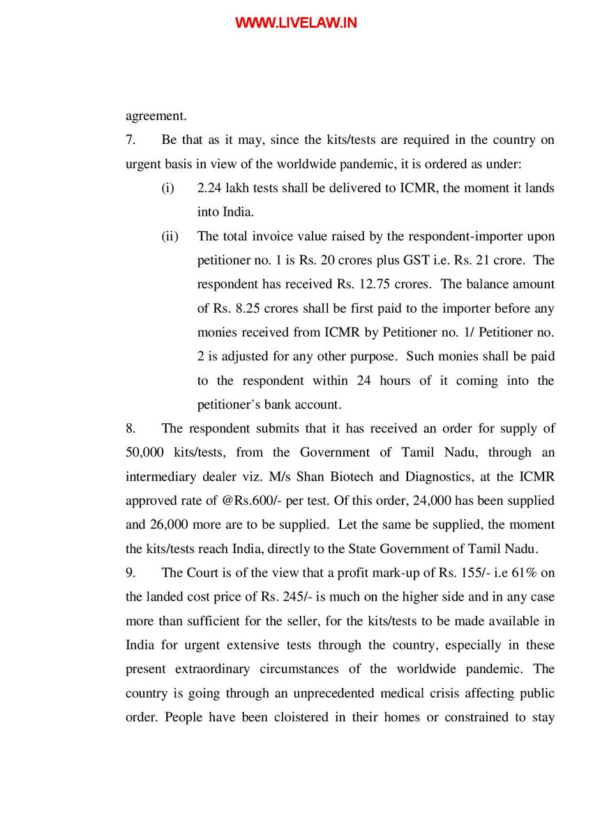 Delhi High Court judgement in Rare Metabolics v Matrix Labs has revealed scandalous details about the import of 5 lac Wondfo antibody test kits, ordered by  @ICMRDELHI at Rs 30cr through intermediaries who were taking a cut of 18.75 cr  @CDSCO_INDIA_INF  @MoHFW_INDIA  @NITIAayog 1/n