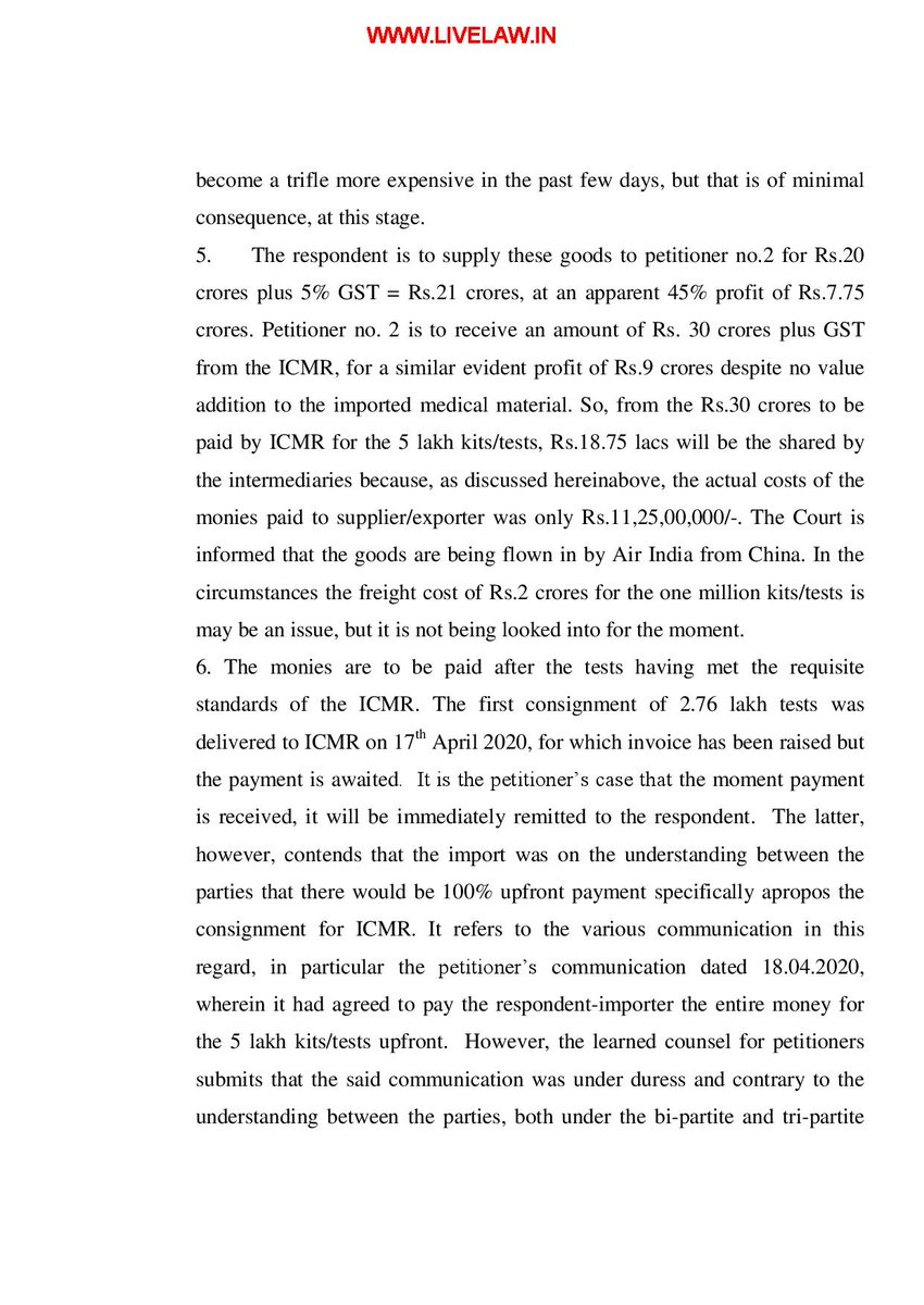 Delhi High Court judgement in Rare Metabolics v Matrix Labs has revealed scandalous details about the import of 5 lac Wondfo antibody test kits, ordered by  @ICMRDELHI at Rs 30cr through intermediaries who were taking a cut of 18.75 cr  @CDSCO_INDIA_INF  @MoHFW_INDIA  @NITIAayog 1/n