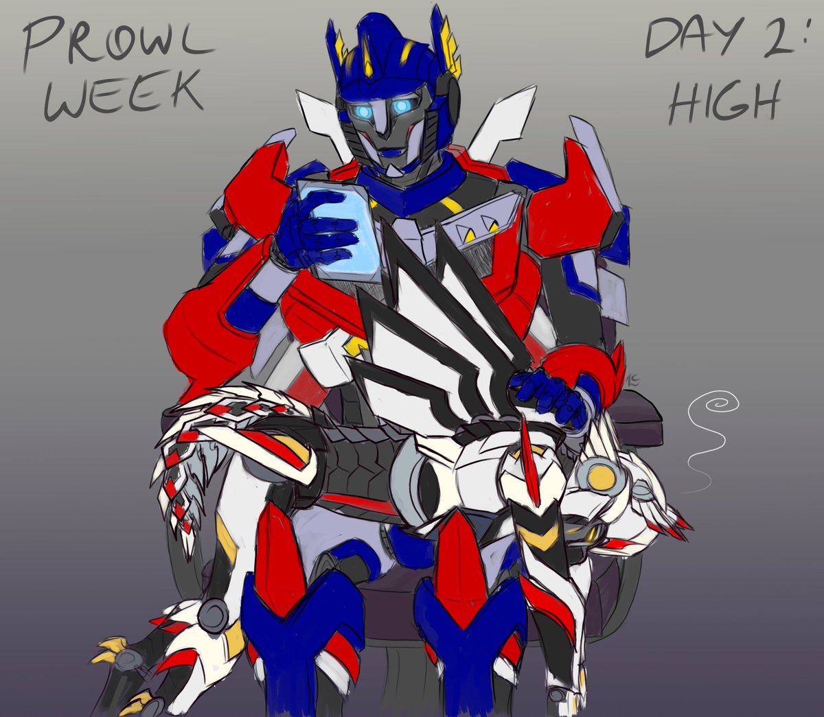 Death_Hendry's tweet photo. STILL late to this party lol. #ProwlWeek Day 2: High. Wolfmech Prowl is my personal theme lol. Ratchet dosed Prowl up with the good shit, but Matrix still helps the spark damage a lot, so OP ends up with a lap of high-as-a-kite Prowl for some time. Not that he minds. https://t.co/GX2EhKiIbA