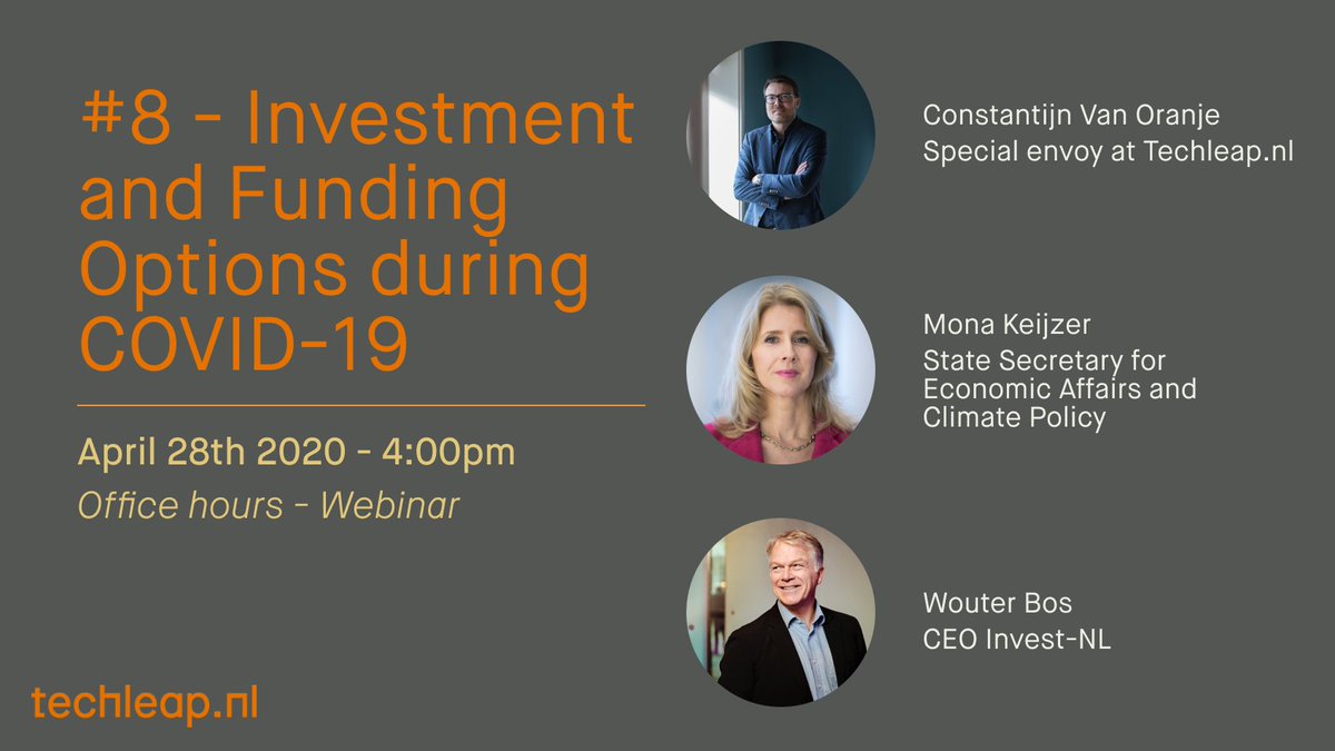 The Dutch government announced €100m in bridge funding support. Join on Tuesday to hear more about what they're doing to support startups &amp; hear Invest-NL’s plans for the ecosystem, ask questions to <a href="/MonaKeijzer/">Mona Keijzer</a>, <a href="/constantijn14/">Constantijn van Oranje</a> &amp; <a href="/wouterbosnieuws/">Wouter Bos (Nieuws)</a> 👉 buff.ly/2Uu4HEy