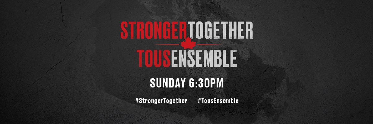 StrongerCanada's tweet photo. Set your PVRs! STRONGER TOGETHER, TOUS ENSEMBLE is now expanded to just over 90 minutes. The broadcast airs commercial-free tonight from 6:30 p.m. – 8:04 p.m. across all markets (7 p.m. – 8:34 p.m. NT). https://t.co/YRBduRj6nu