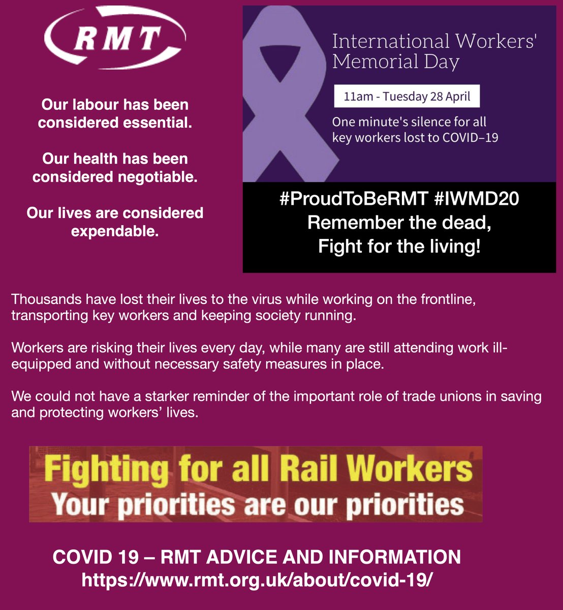 28th APR- 11AM. Remember all workers on #iwd2020 especially those in our industry who have died from #COVID19. 

Our labour has been considered essential.
Our health has been considered negotiable.
Our lives are considered expendable. rmt.org.uk/about/covid-19/ #ProudToBeRMT