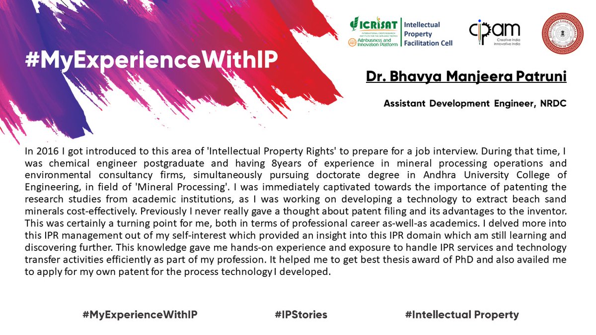 IPFC_ICRISAT's tweet photo. Intellectual Property is Omnipresent irrespective of the subject or Domain. #MyExperienceWithIP story of Dr. Bhavya from NRDC recalling her first acquaintance with IP!
#WorldIPDay #IPMatters #IntellectualProperty #IPR #MyIPStory @CIPAM_India https://t.co/vvsHljOyrR
