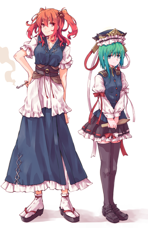 onozuka komachi ,shiki eiki multiple girls 2girls thighhighs green hair red hair hair ornament hat  illustration images