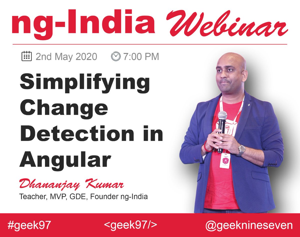debug_mode's tweet image. 📢 #ngIndia team is back after a break of 2 months with a #webinar on👇
🔎Simplifying Change Detection in #Angular by @debug_mode
RSVP👉bit.ly/3eUJOvs
Subscribe👉youtube.com/c/geek97
Register👉bit.ly/2yFVnGp
Time -2nd May,7 PM IST
#geek97 #ngIndiawebinars