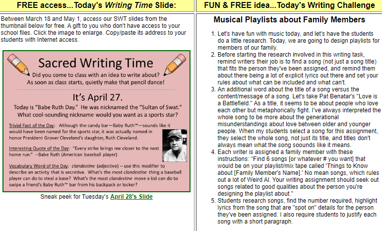 WritingFix's tweet image. Tomorrow, which is #BabeRuthDay, will begin our sixth week of providing daily warm-up resources and ideas for meaningful writing tasks a student could do at home.  

There'll be new ideas every day this week at: corbettharrison.com

#AlwaysWrite #BetterTogether #homelearning
