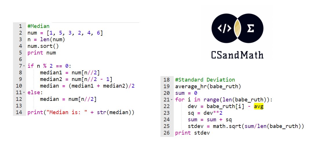 csandmath's tweet photo. On day 26 of our #30DayCodingChallenge we make sense of the standard deviation algorithm and introduce #python code to find the median. Jump on https://t.co/NH6SV7bhfL & give it a try! https://t.co/0yL2sTcSlp
#csandmath #mtbos #iteachmath #STEM #cs4all https://t.co/ciphuPNlsj