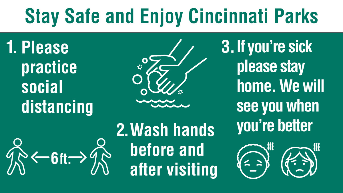 We know you love visiting our #CincyParks &amp; we encourage you to continue to do so. When visiting, please keep these three key points in mind. 
1️⃣ Keep a safe social distance of 6 ft.🧍↔️🧍 2️⃣  Wash hands before &amp; after visiting.🧼🖐 3️⃣  If you're sick, stay home! 🦠😷