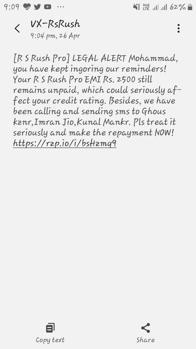 Mohdparvez04's tweet photo. #OperationHaftaVasooli
#RsRushPro Loan App So Harassed me..
Ise kah rha hu Lockdown shru h Phirr b Daily Call kr rhe h..
Or abi dhamkiya de rhe h..
@ZeeBusiness @AnilSinghvi_ @RBI @FinMinIndia @PMOIndia @CMOMaharashtra @narendramodi https://t.co/sExPLUwy1A