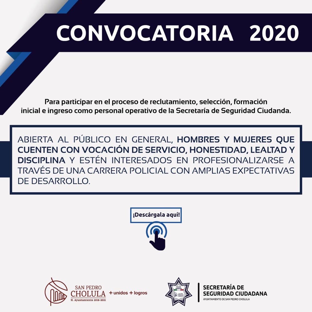 SandraOrtizVe's tweet photo. Tienes entre 18 y 40 años y te interesa ser parte de la Secretaría de Seguridad Ciudadana de San Pedro Cholula? 👮‍♀️ 👮‍♂️ 

Están en busca de hombres y mujeres comprometidos con la sociedad ! 

Consulta la convocatoria. 
https://t.co/yR6XJMlTzQ 👈🏻 https://t.co/1UW554HcSW