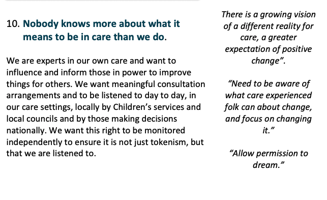  #CareExpConf Key Message 10: Nobody knows moreabout what it means to be in care than we do  https://www.careexperiencedconference.com/reports 