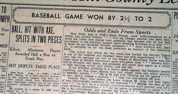 Ben13Porter's tweet photo. I just found my favorite baseball story ever.

In 1893, a batter fouled off a pitch and broke the last bat at the park, so he walked over to a woodpile and picked up an axe. Next pitch, he swung, cut the ball in half, and half of it went over the fence.

The game ended 2.5 to 2. https://t.co/goLTXhI9UI