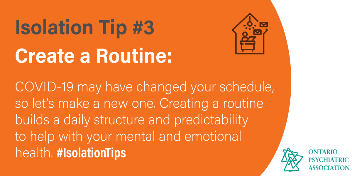 OntPsychAssoc's tweet image. While all our days may look slightly different these days, creating a routine can build structure into and our lives and improve our mental health #IsolationTips #mentalhealth