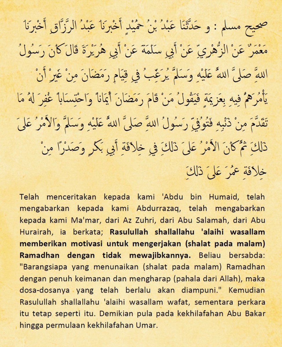 adeirra's tweet photo. 1.
Mau ada wabah atau tidak ada wabah, dalam kitab fiqih manapun, hukum Sholat Tarawih TIDAK PERNAH menjadi wajib karena memang BUKAN wajib.

Sebagaimana hukum yg tidak wajib, jika tidak dikerjakan maka tidak ada dosa atasnya.

Jadi, tidak perlu bingung atau rusuh, kak.
LANJUT 👇🏻 https://t.co/RSXqZrjERS